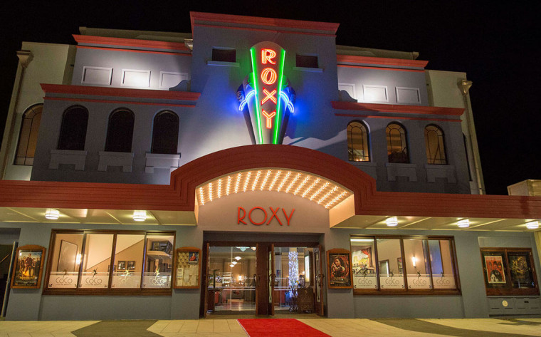 roxy art deco cinema at night